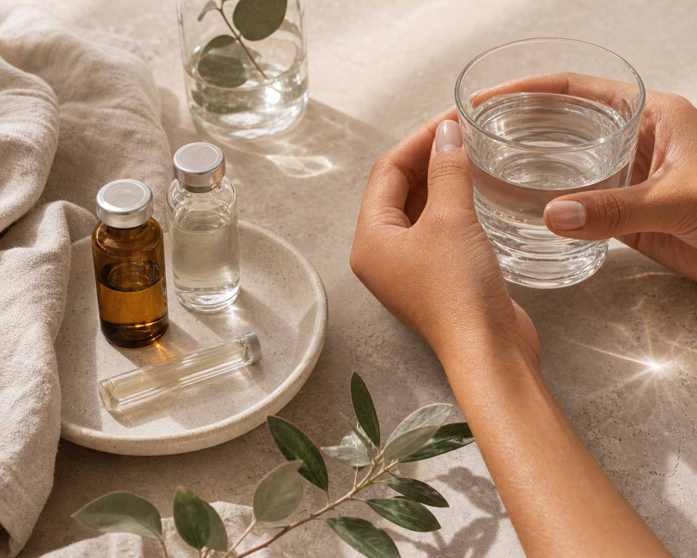 Close-up wellness objects and hands on a neutral studio surface